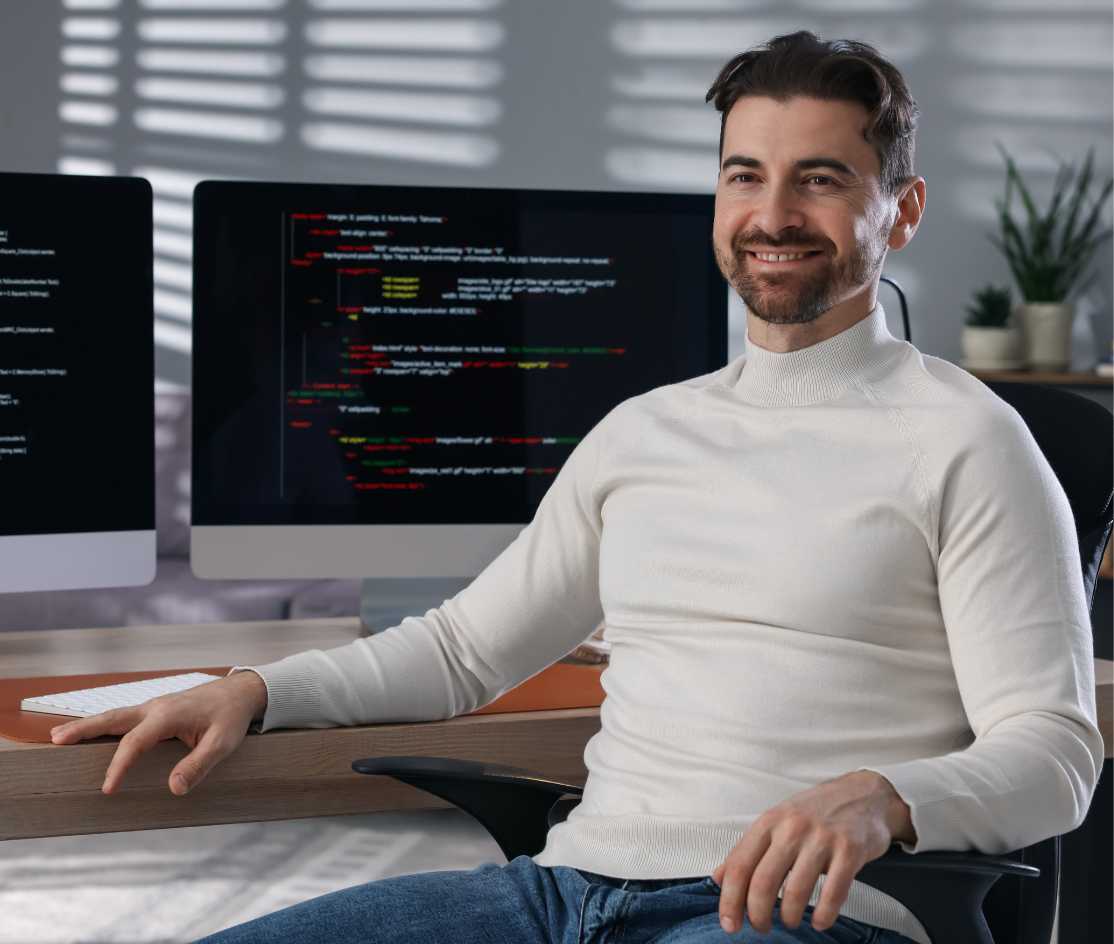 Un homme souriant assis sur une chaise de bureau avec deux écrans d'ordinateur affichant du code en arrière-plan.