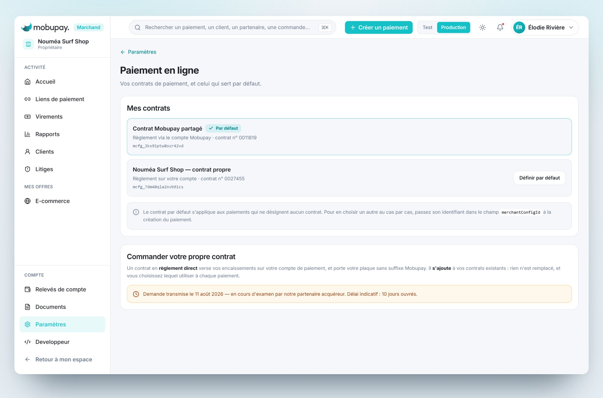 Parametres du paiement en ligne dans Mobupay