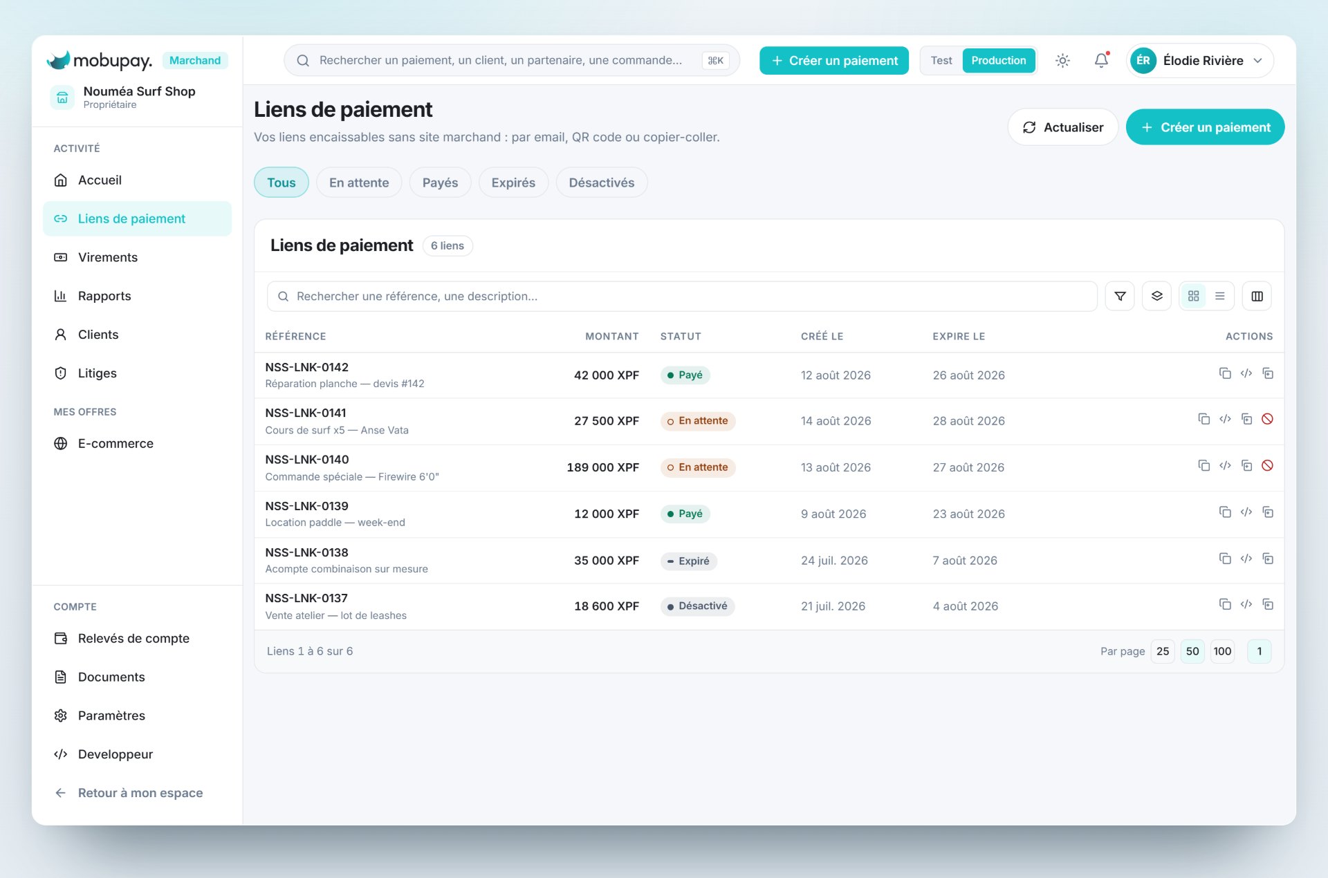 Creation de liens de paiement dans Mobupay