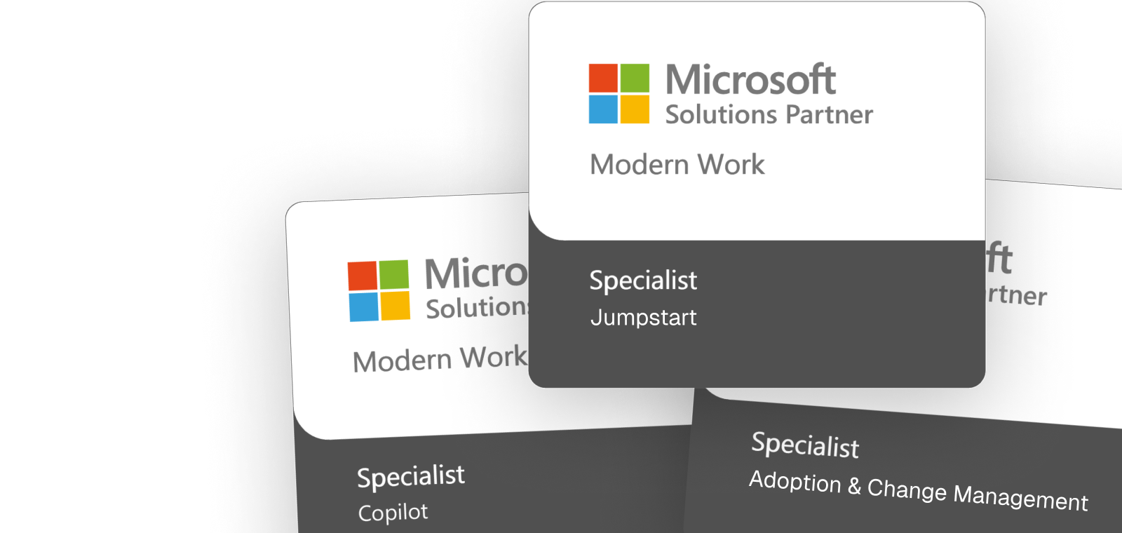 Three overlapping Microsoft Solutions Partner Modern Work badges for Specialist in Jumpstart, Copilot, and Adoption & Change Management.