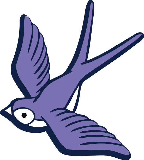Grafische Darstellung einer fliegenden Schwalbe in violett mit weißen Akzenten.
