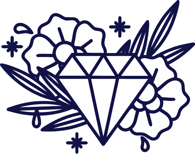Illustration eines Diamanten mit Blüten und Blättern im Hintergrund.