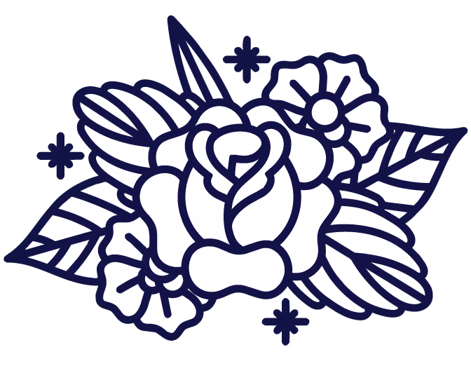 Schwarz-weiße stilisierte Illustration einer Rosenblüte mit Blättern und kleineren Blumen.