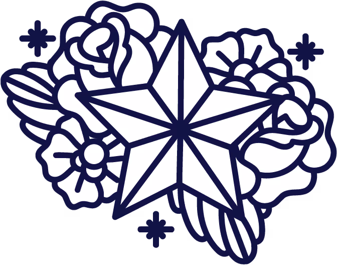 Fünfzackiger Stern mit komplexem Blumenmuster im Hintergrund in Schwarz-Weiß.