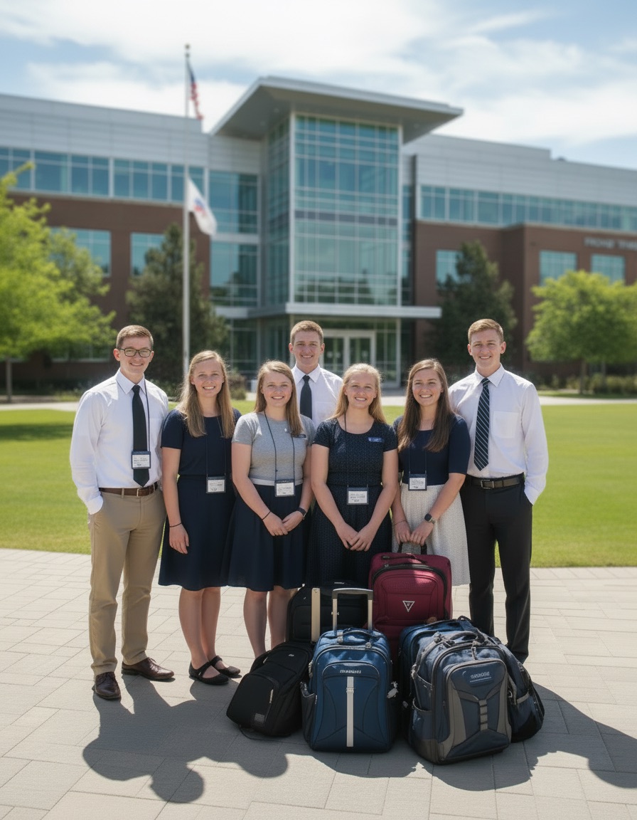 Seven young adults dressed in formal attire standing outside a modern building with several suitcases in front of them on a paved area.