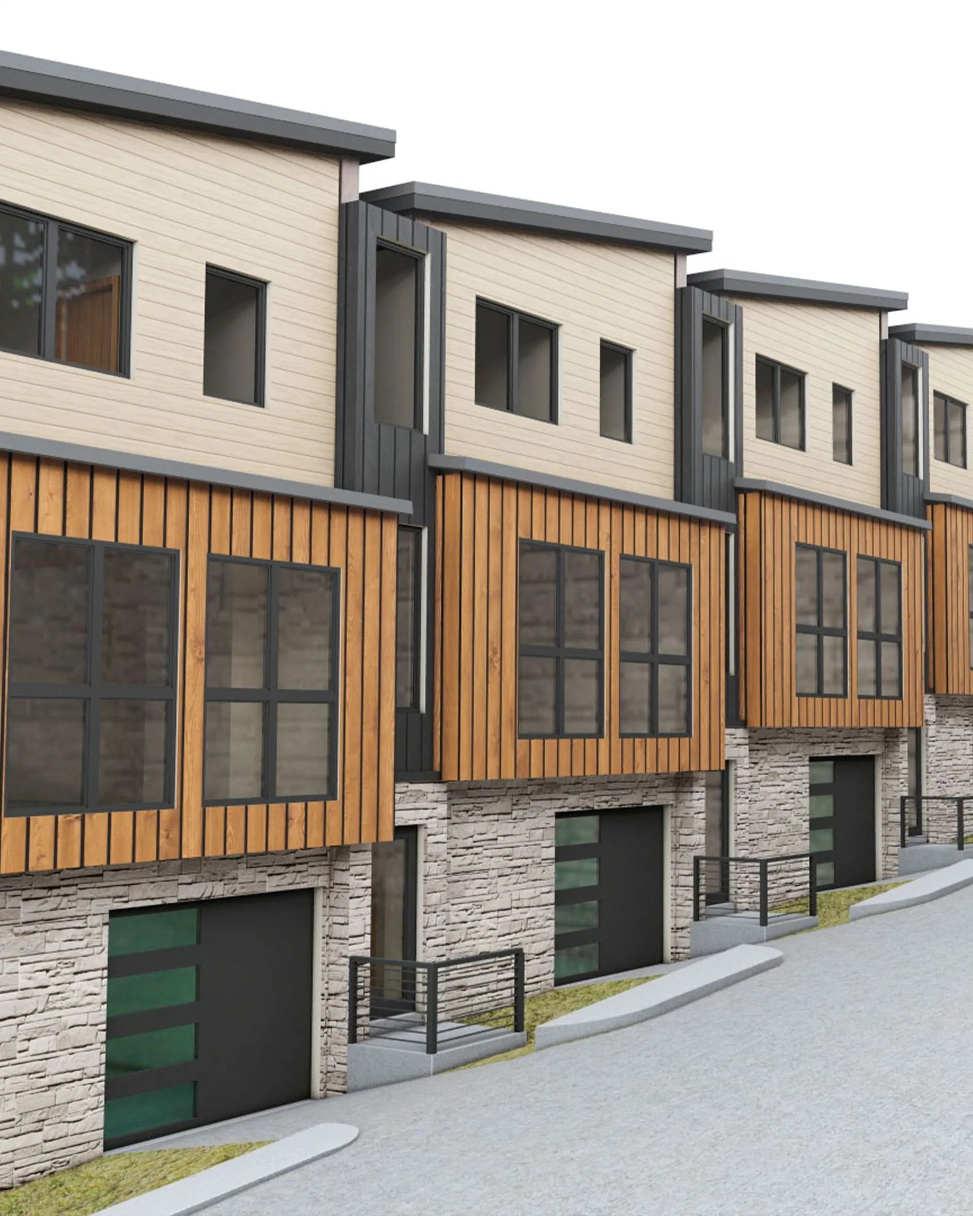 Row of modern townhouses with stone bases, wood siding, large windows, and slanted roofs along a paved street.