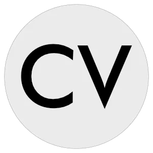 Circle with grey background and bold black letters CV in the center.