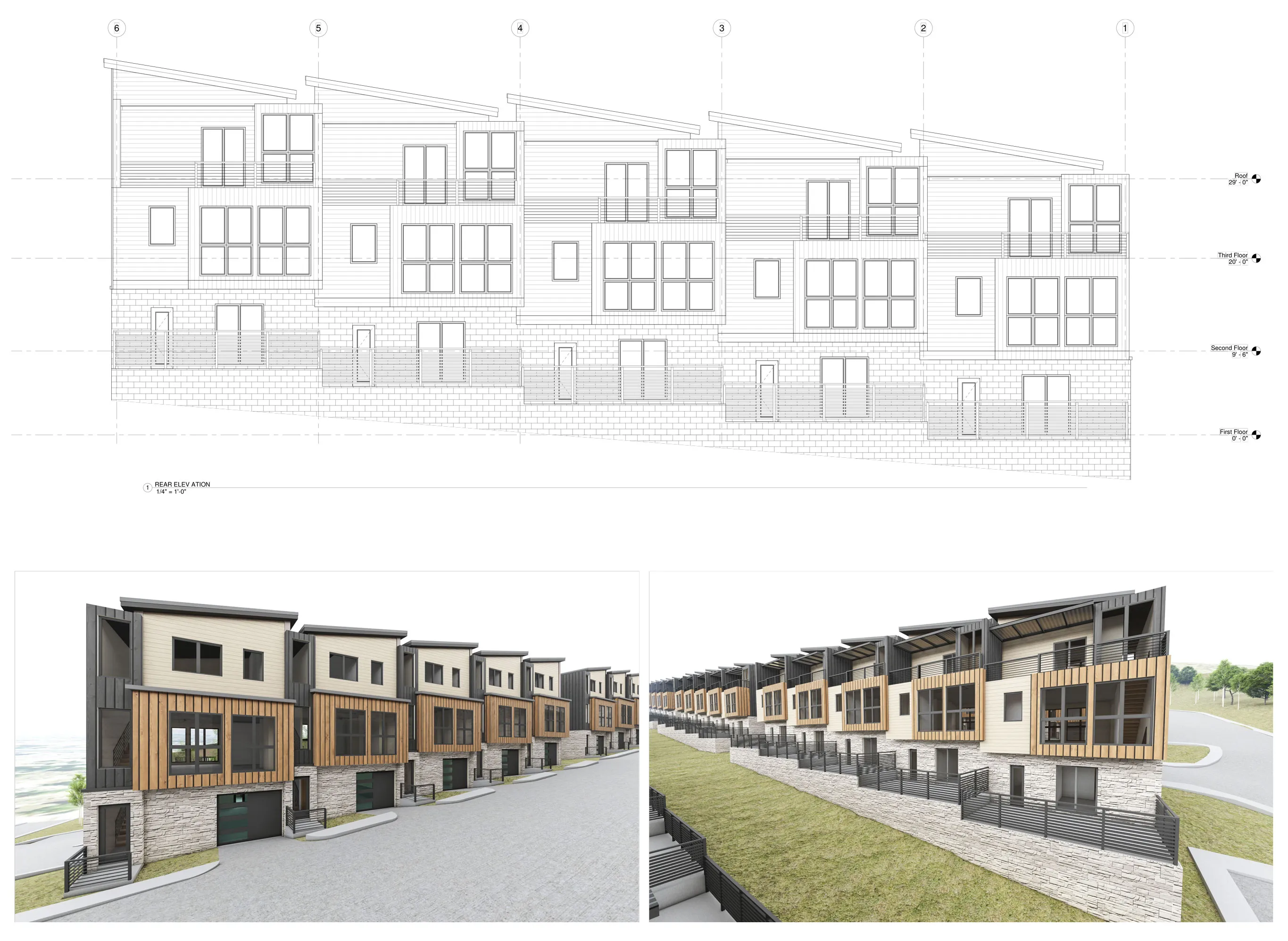 Architectural drawing and 3D renderings of modern multi-level townhouses with wood and stone facades.