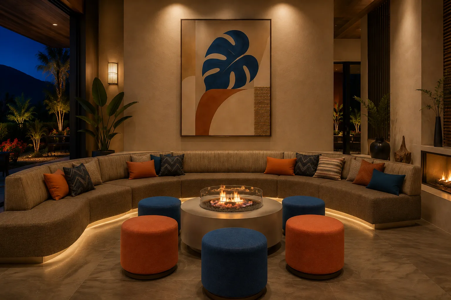 Modern living room with curved sofa, colorful round ottomans, central firepit, and abstract wall art.