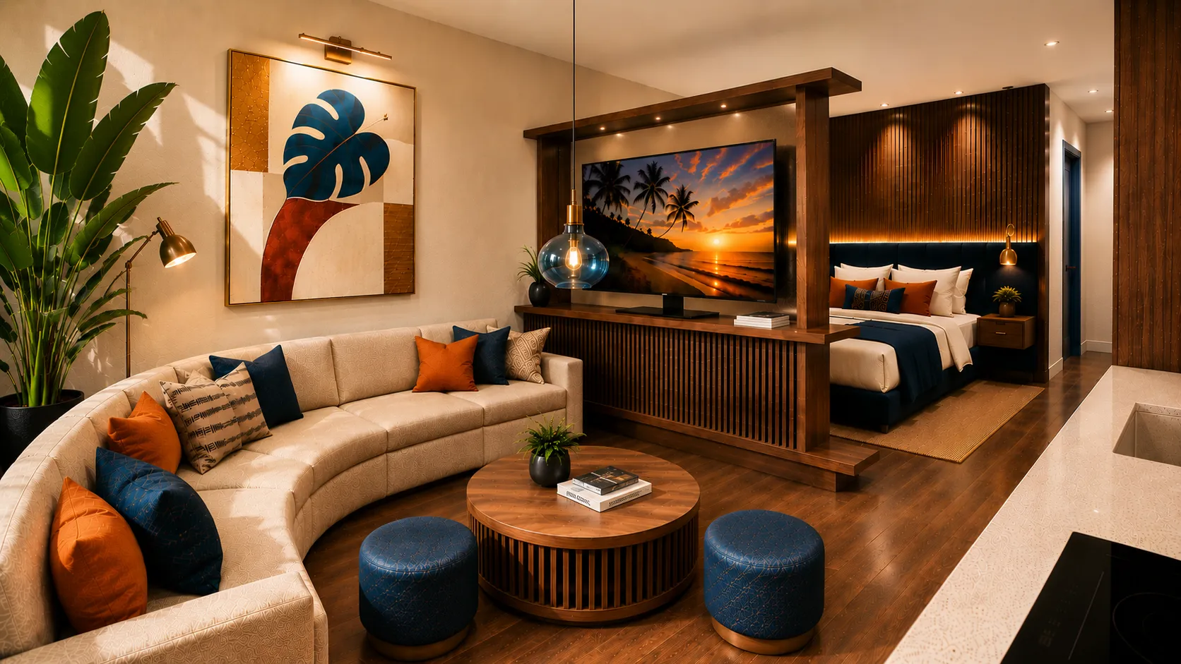 Modern living area with curved beige sofa, blue and orange pillows, wooden coffee table, and a visible bed area.