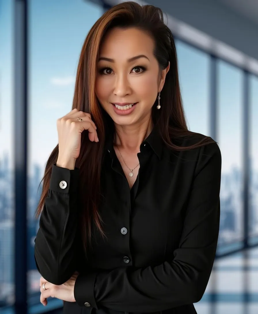 Smiling woman in a black shirt posing with one hand near her face against a blurred city window background.