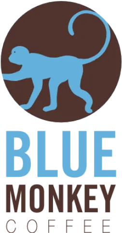 Blue monkey silhouette inside brown circle above bold text 'BLUE MONKEY COFFEE'.