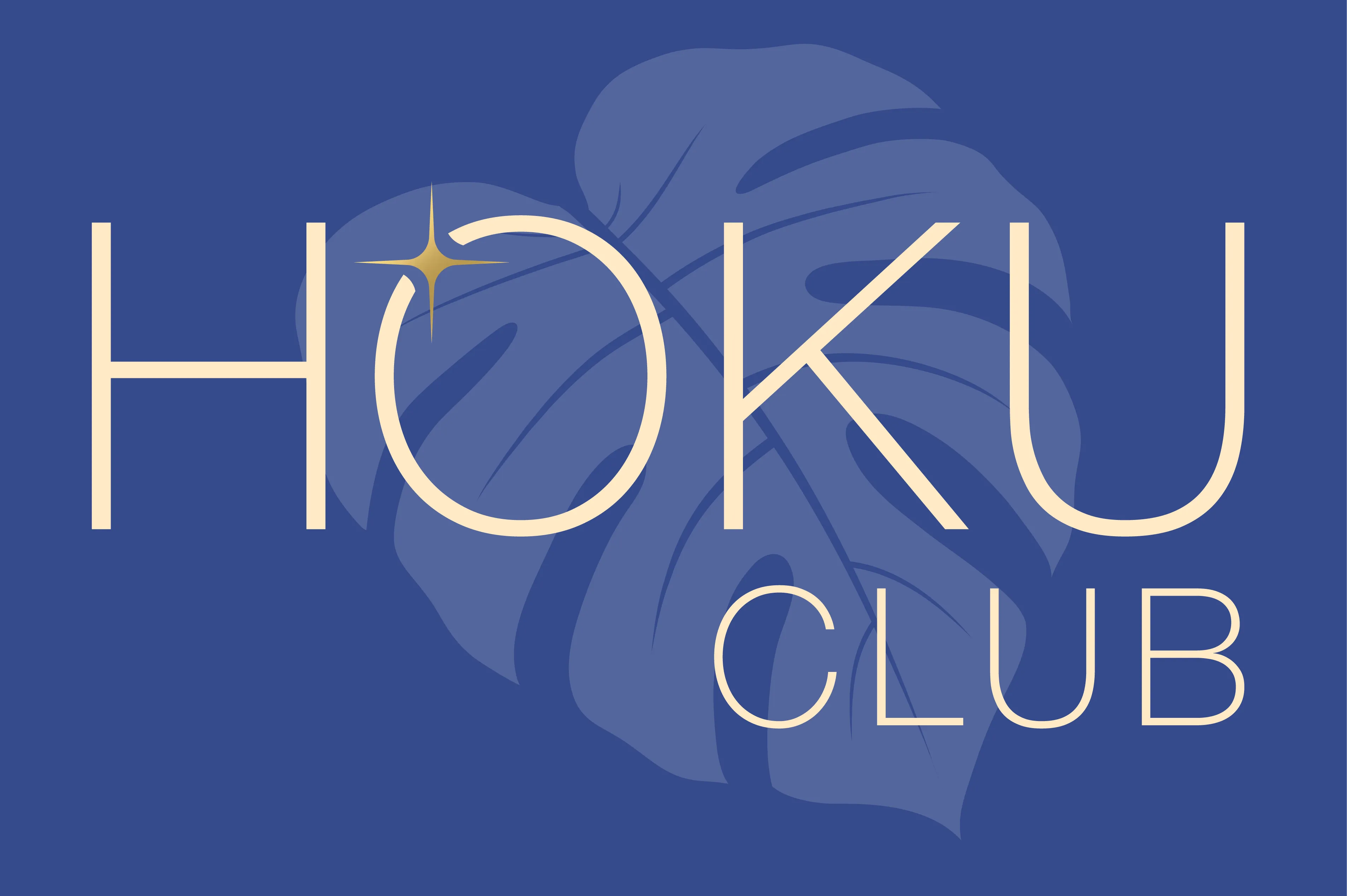 Hoku Club text with a sparkle over the O and a large leaf silhouette behind it on blue background.