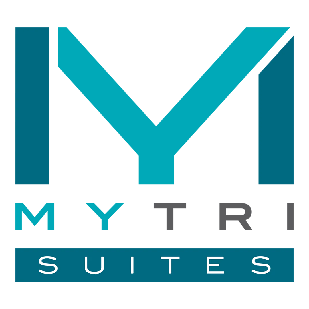 Mytris Suites logo featuring stylized geometric shapes with the text 'mytris SUITES'.