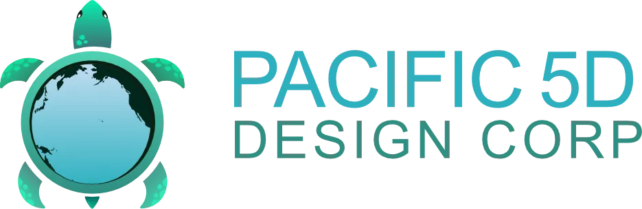 Logo with a sea turtle encircling an ocean map next to the text PACIFIC 5D DESIGN CORP.