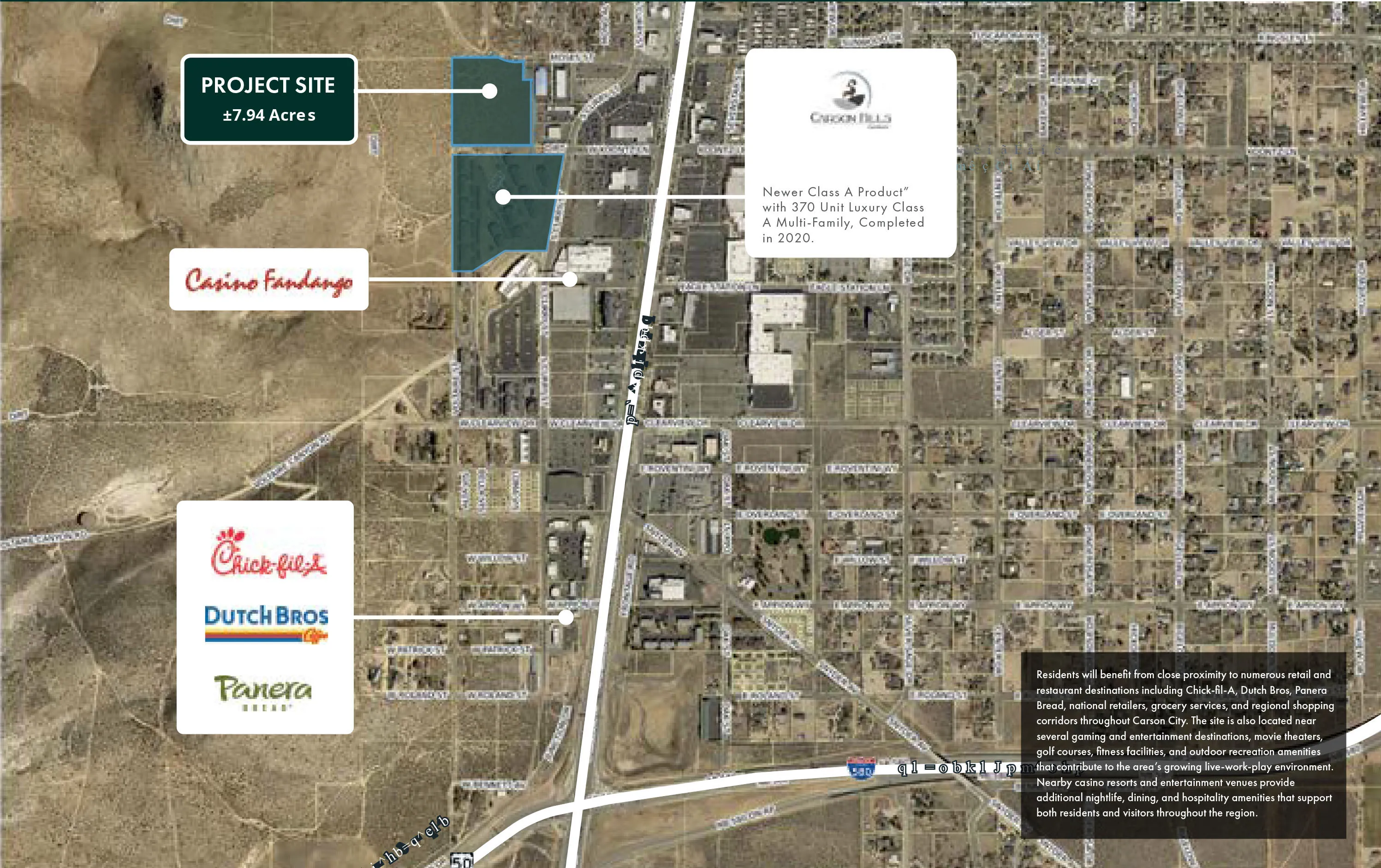Aerial map showing a 7.94-acre project site near retail, dining, and entertainment landmarks in Carson City, Nevada.