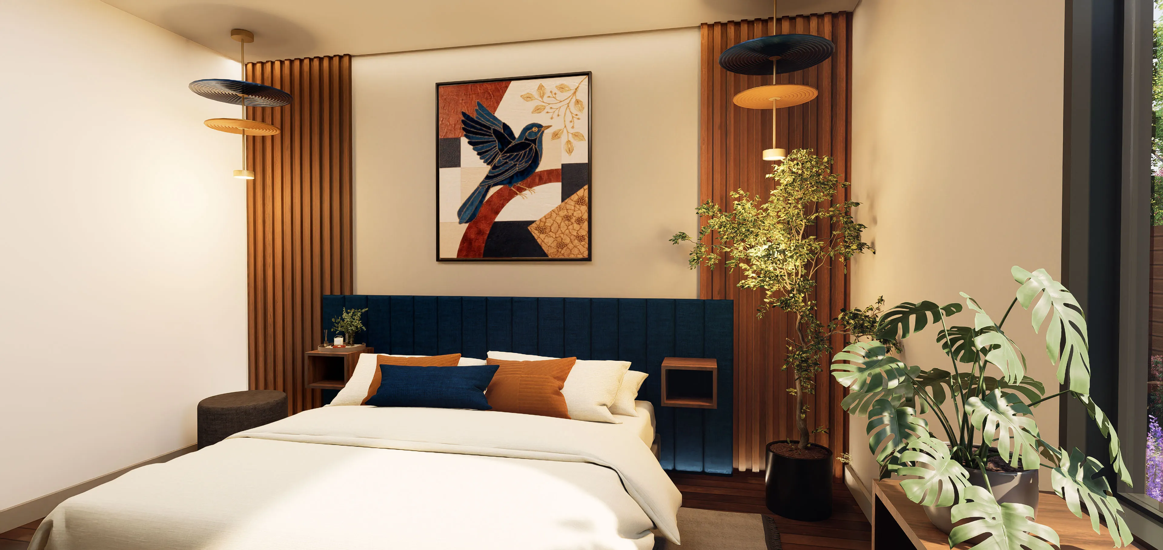 Modern bedroom with blue headboard, beige bedding, hanging lights, bird artwork, and green plants.