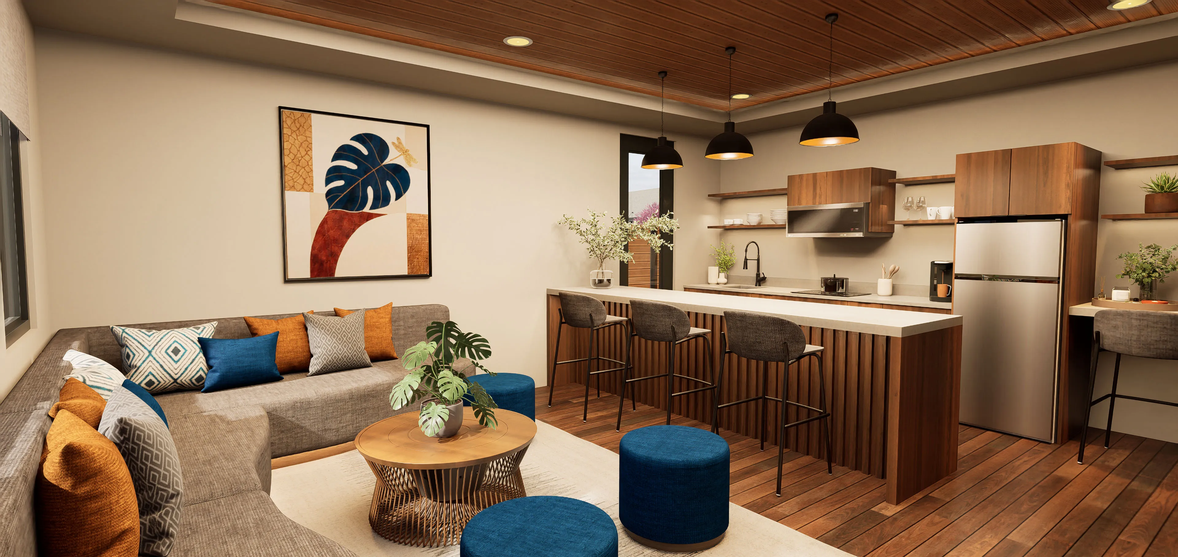 Modern living room with sectional sofa, colorful pillows, wooden coffee table, and kitchen with island and stools.