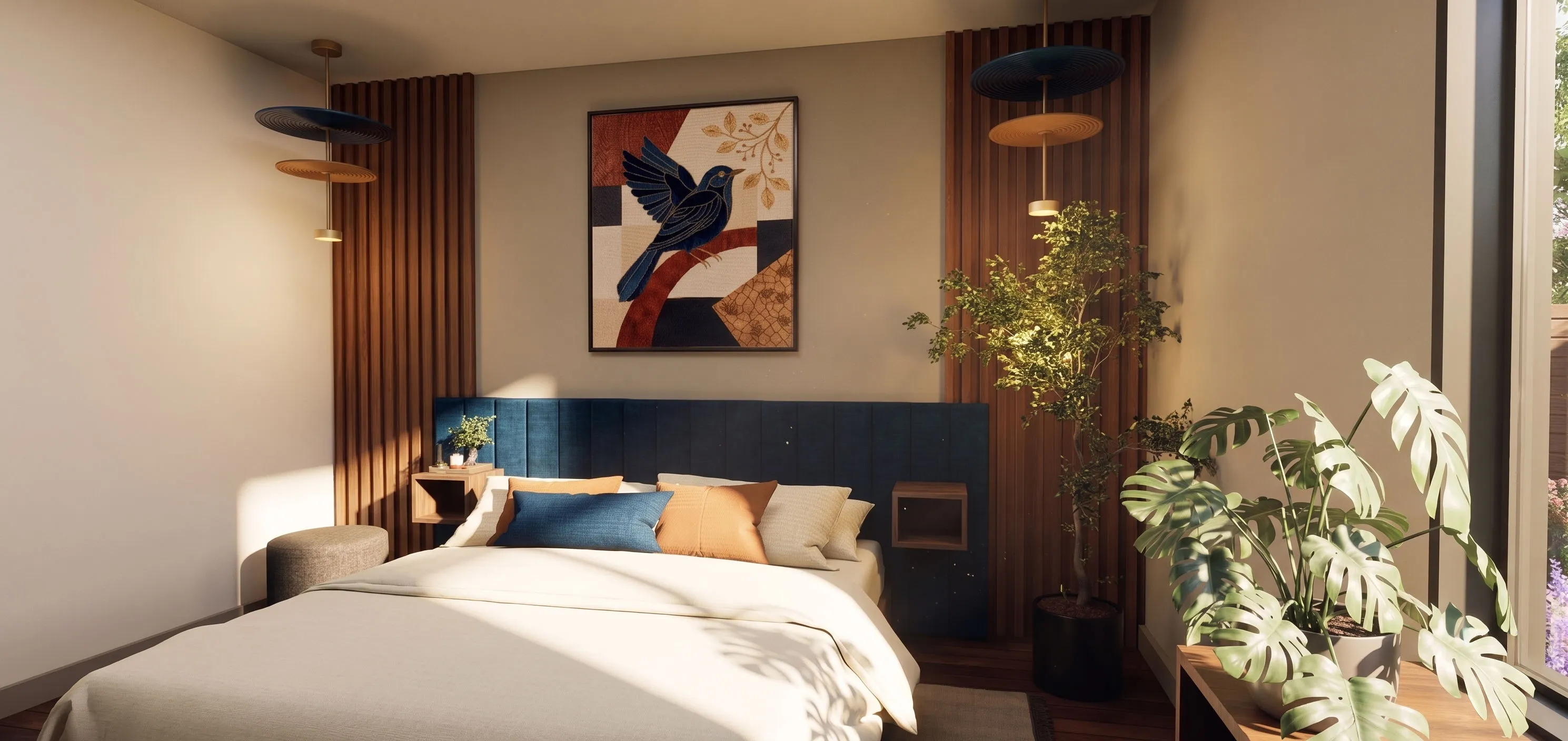 Bedroom with blue headboard, beige bedding, plant, and wall art of a blue bird on a branch.