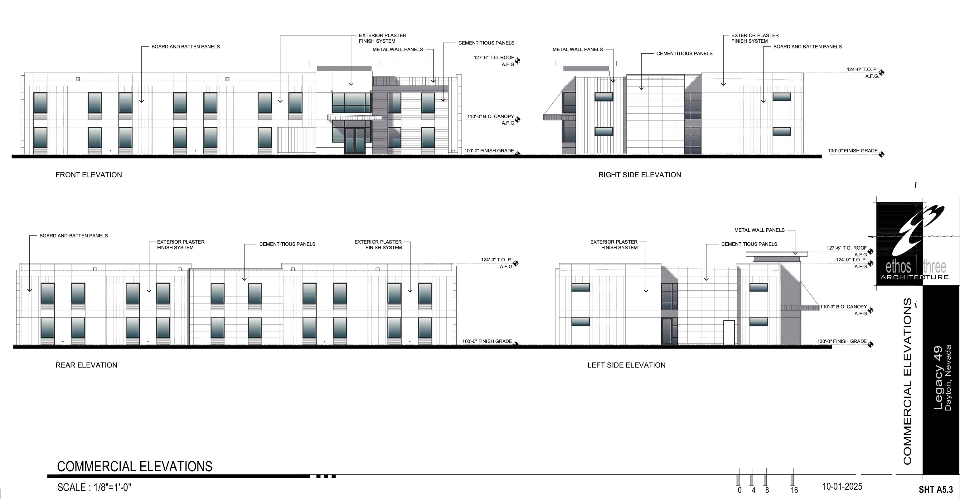 Architectural drawing showing front, rear, left, and right side elevations of a commercial building.