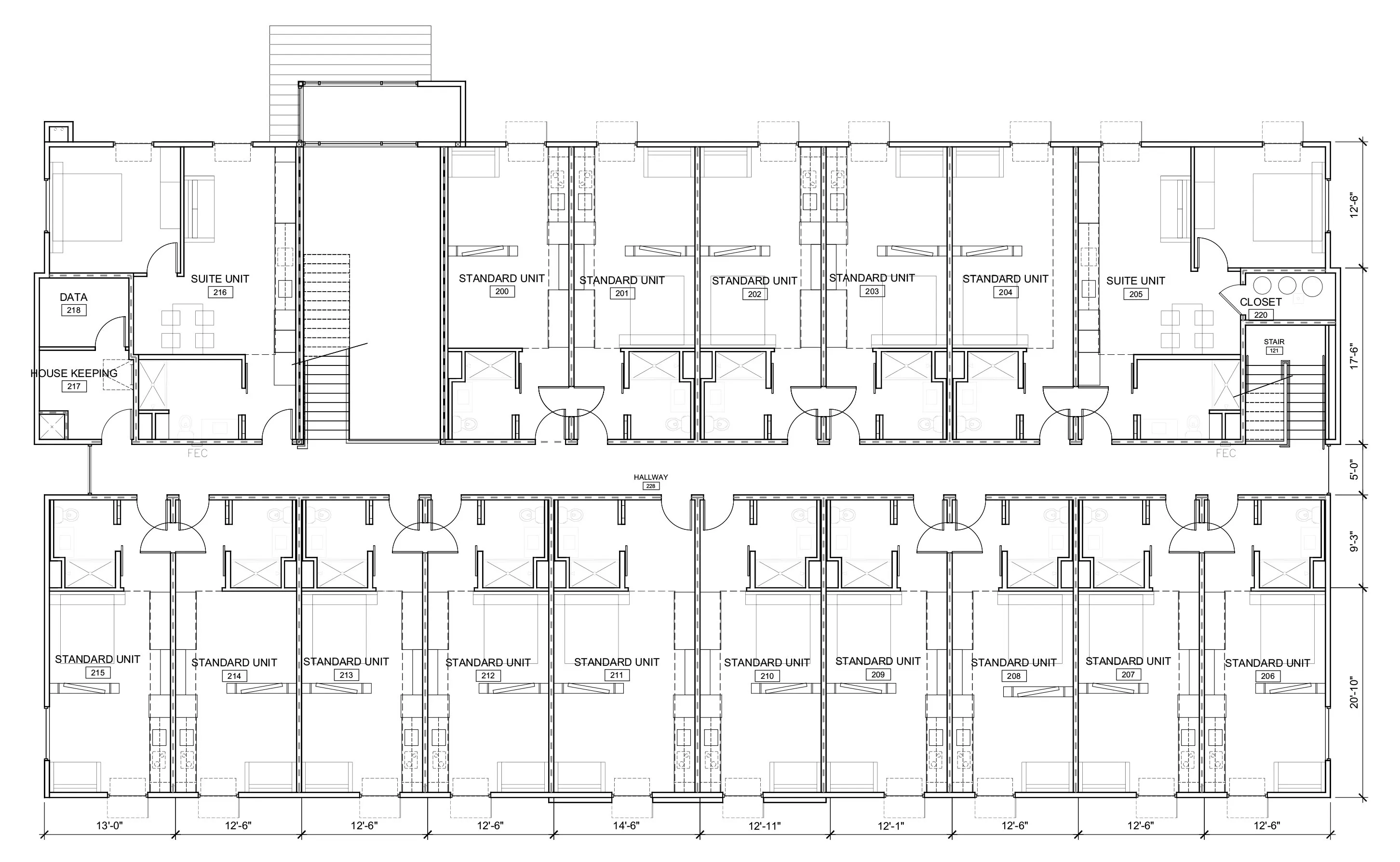 Architectural floor plan of hotel with 16 units including suite, standard, housekeeping, data, closet, stairs, and hallway.