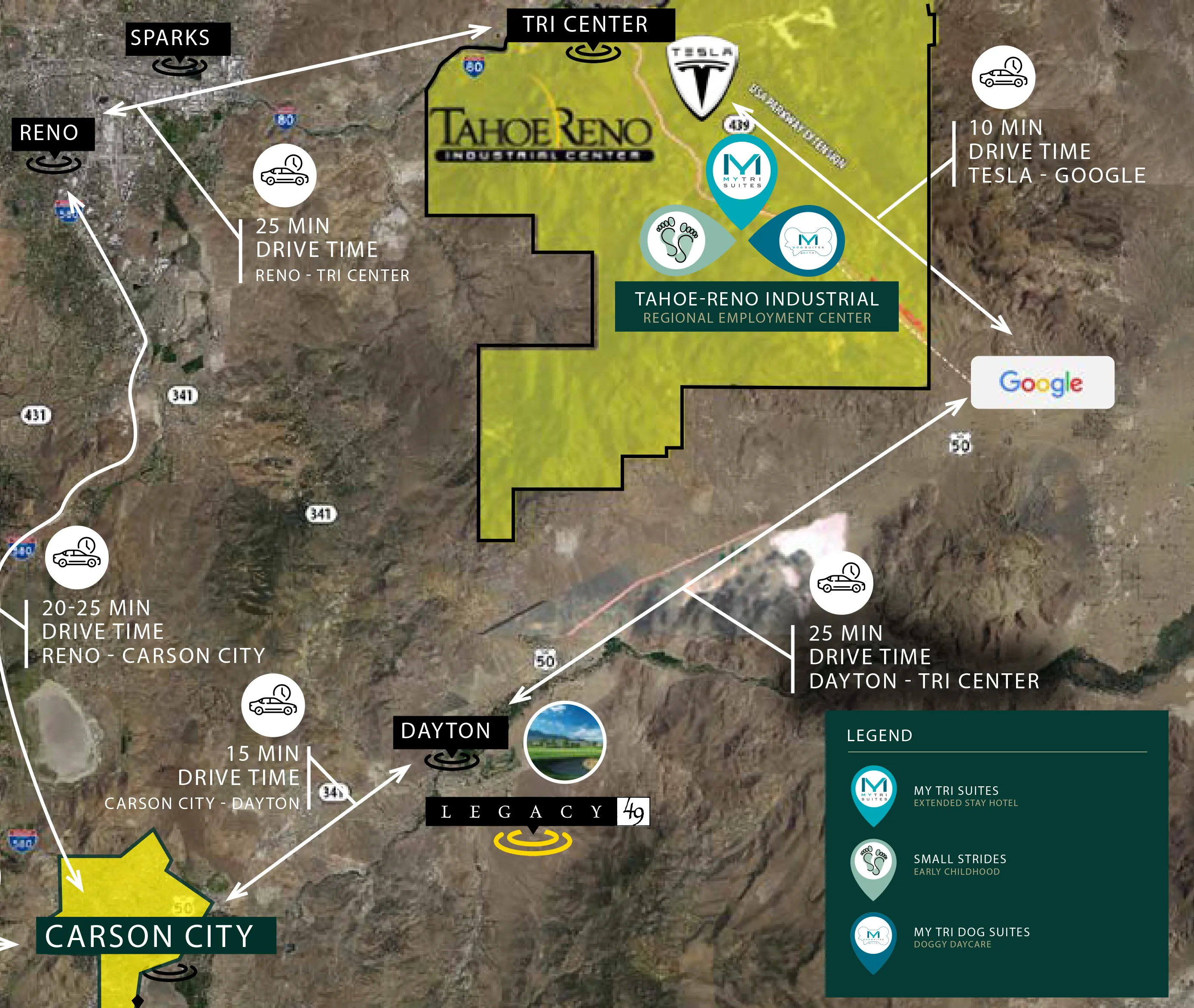 Map showing drive times between Reno, Sparks, Carson City, Dayton, Tahoe-Reno Industrial Center, Tesla, and Google.