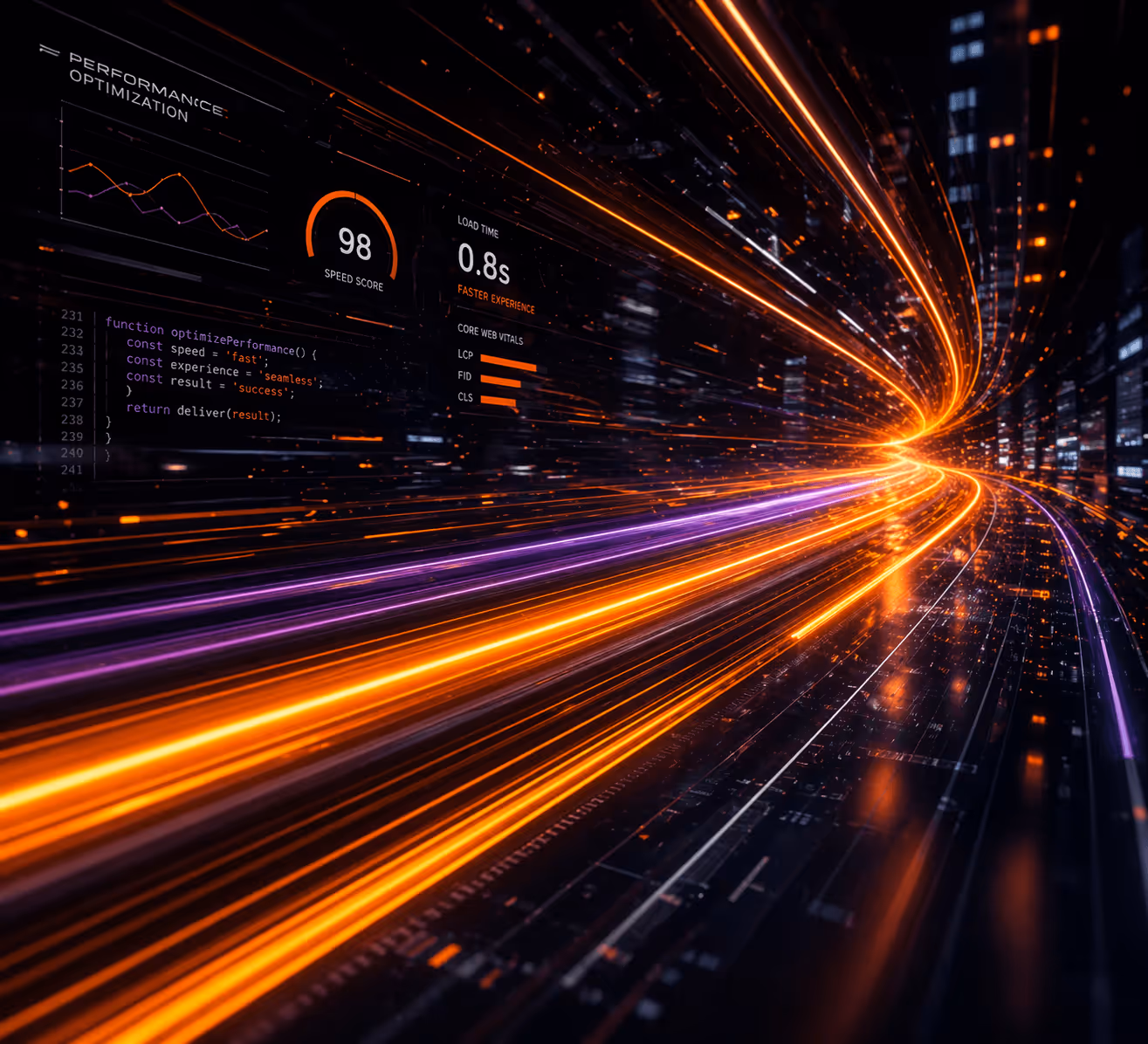 Website speed optimization dashboard showing fast load times, efficient code, and seamless user experience.