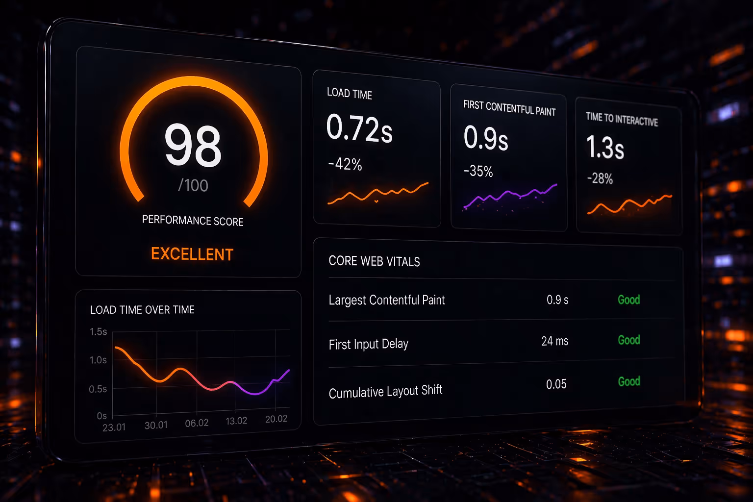 Digital product engineering dashboard showing performance optimization, scalable architecture, and business growth solutions.пщ