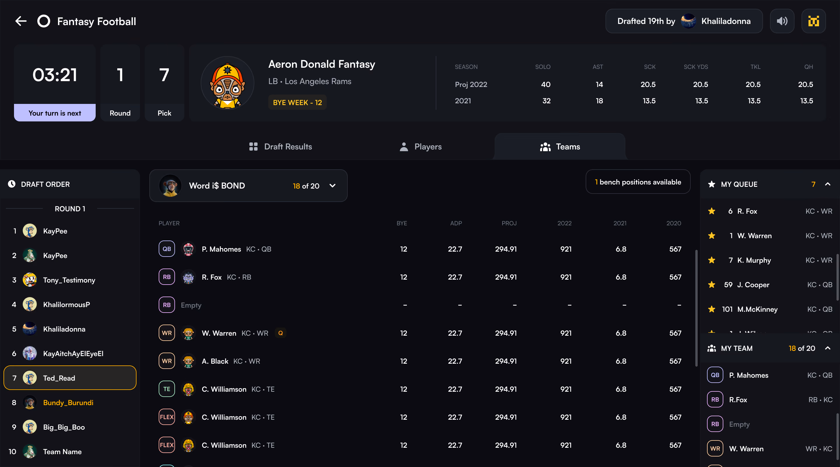 Live fantasy football draft product: pick timer, draft order, player stats table, and team queue.