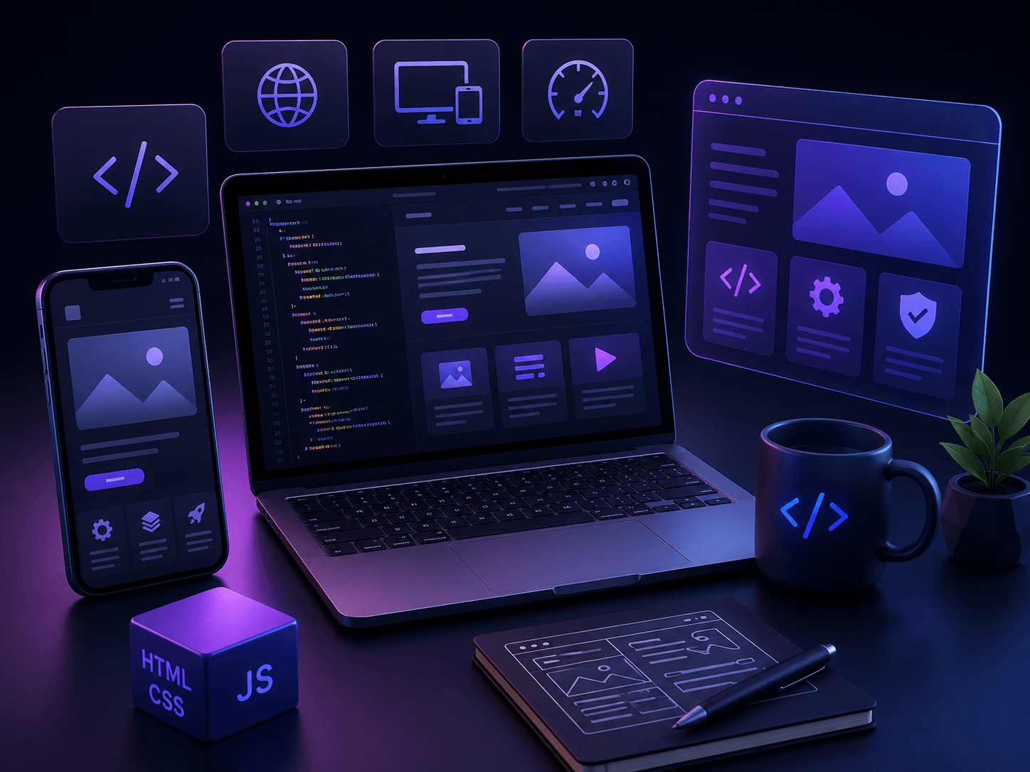 Modern web development environment with responsive interfaces, frontend engineering systems, performance optimization dashboards, and scalable website architecture.