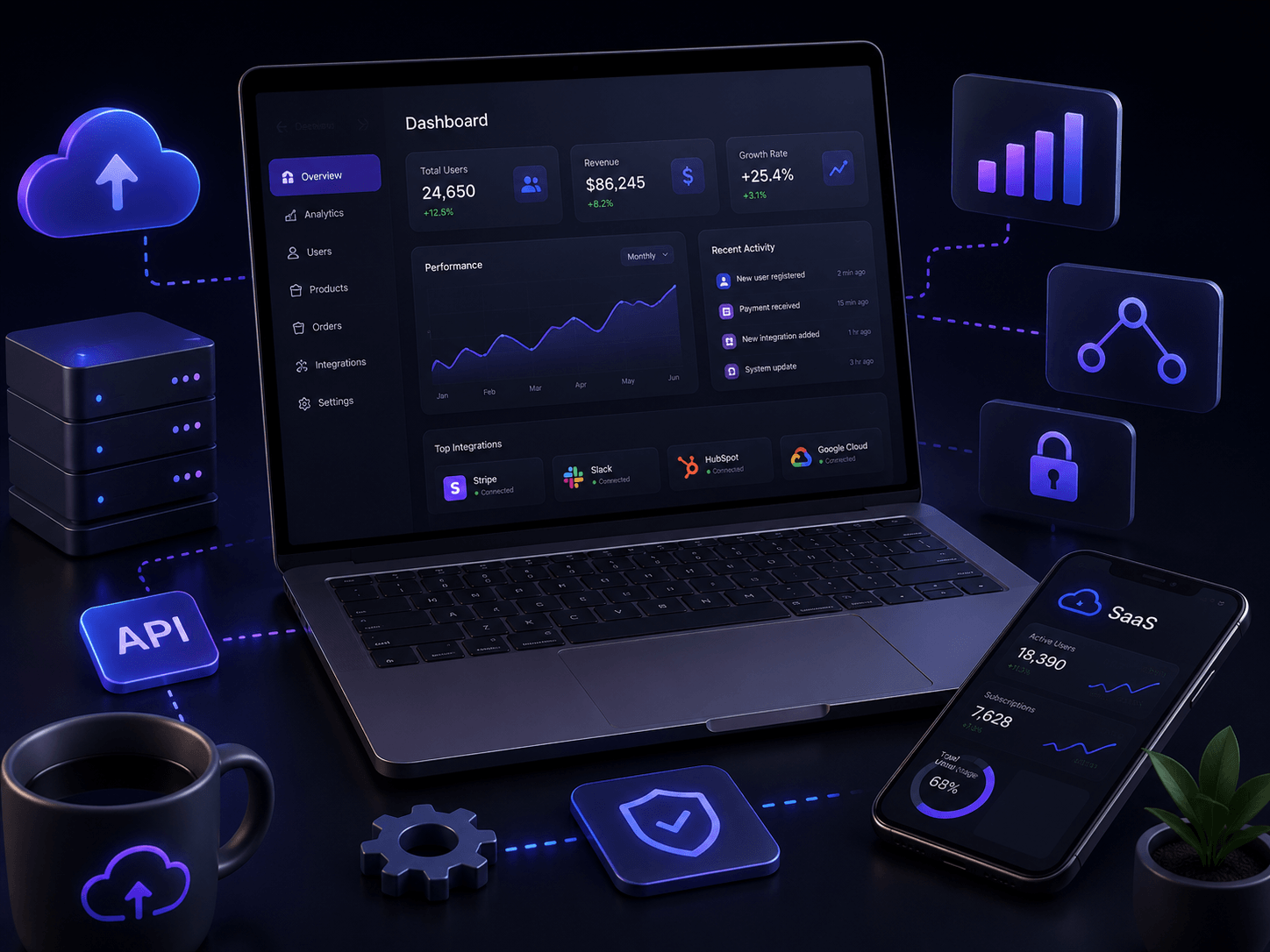 High-end 3D SaaS platform interface featuring cloud infrastructure, analytics dashboards, automation systems, and scalable enterprise application architecture.