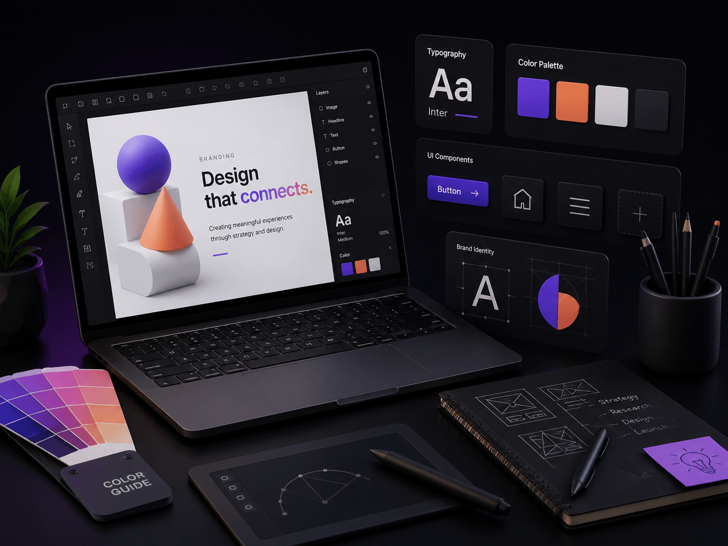 Premium 3D product design workspace showcasing modern UI systems, brand identity elements, and scalable digital experiences crafted for high-growth startups and technology companies.