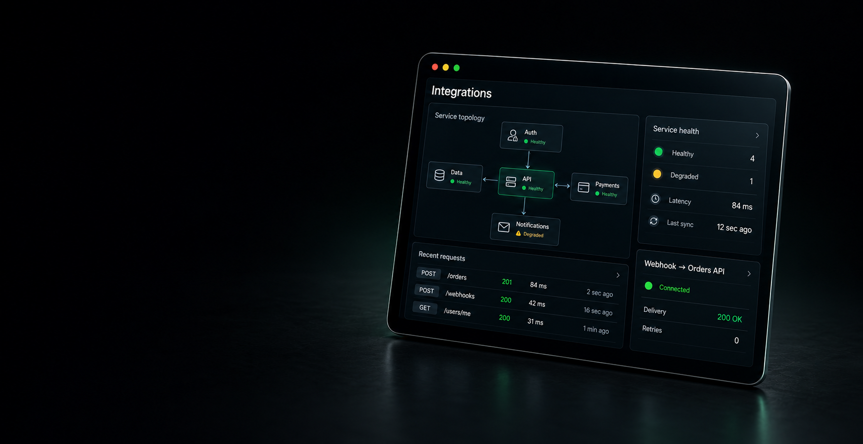 Dark tablet showing an integrations console with connected services, health status, and API requests.