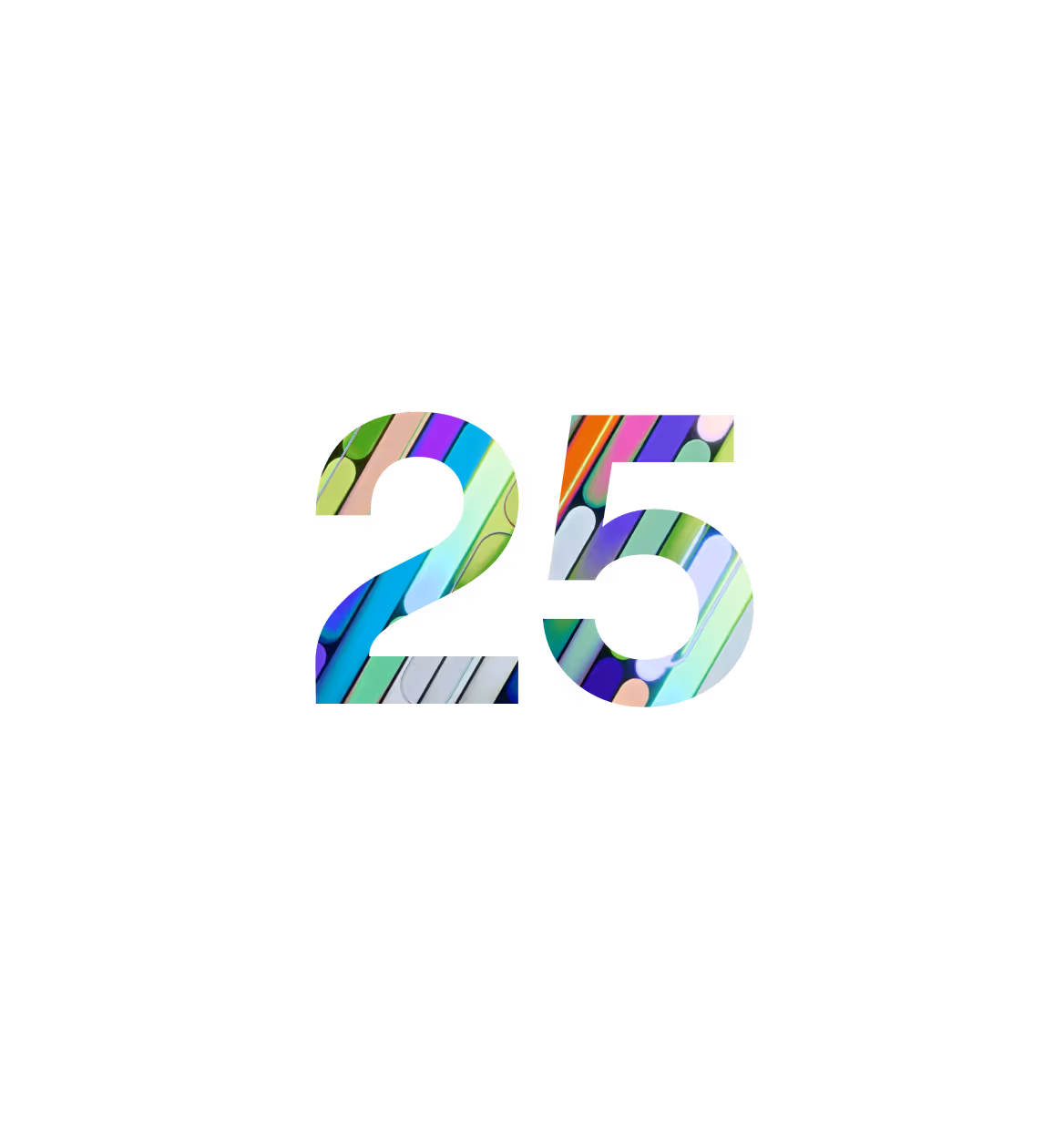 Colorful abstract pattern fills the number 25 on a black background.
