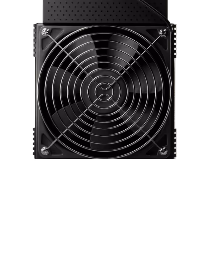 Top view of a black electronic cooling fan with a protective metal grille and four visible blades.