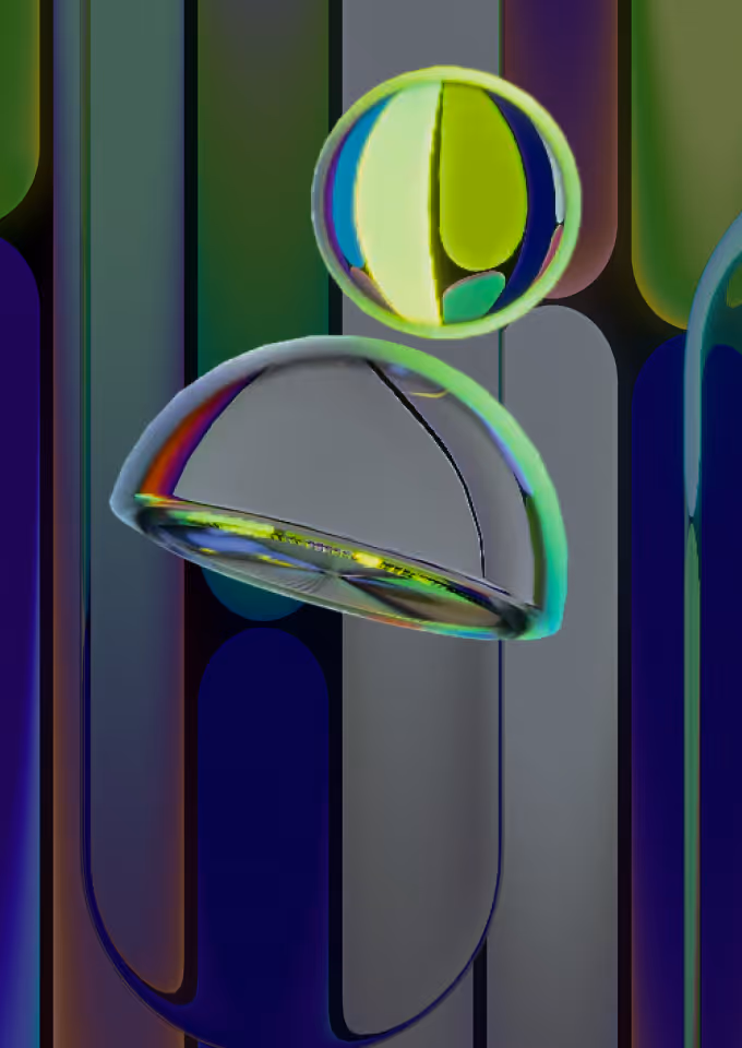 Two transparent glass bubbles reflecting green and blue light against a dark background with vertical rounded stripes.