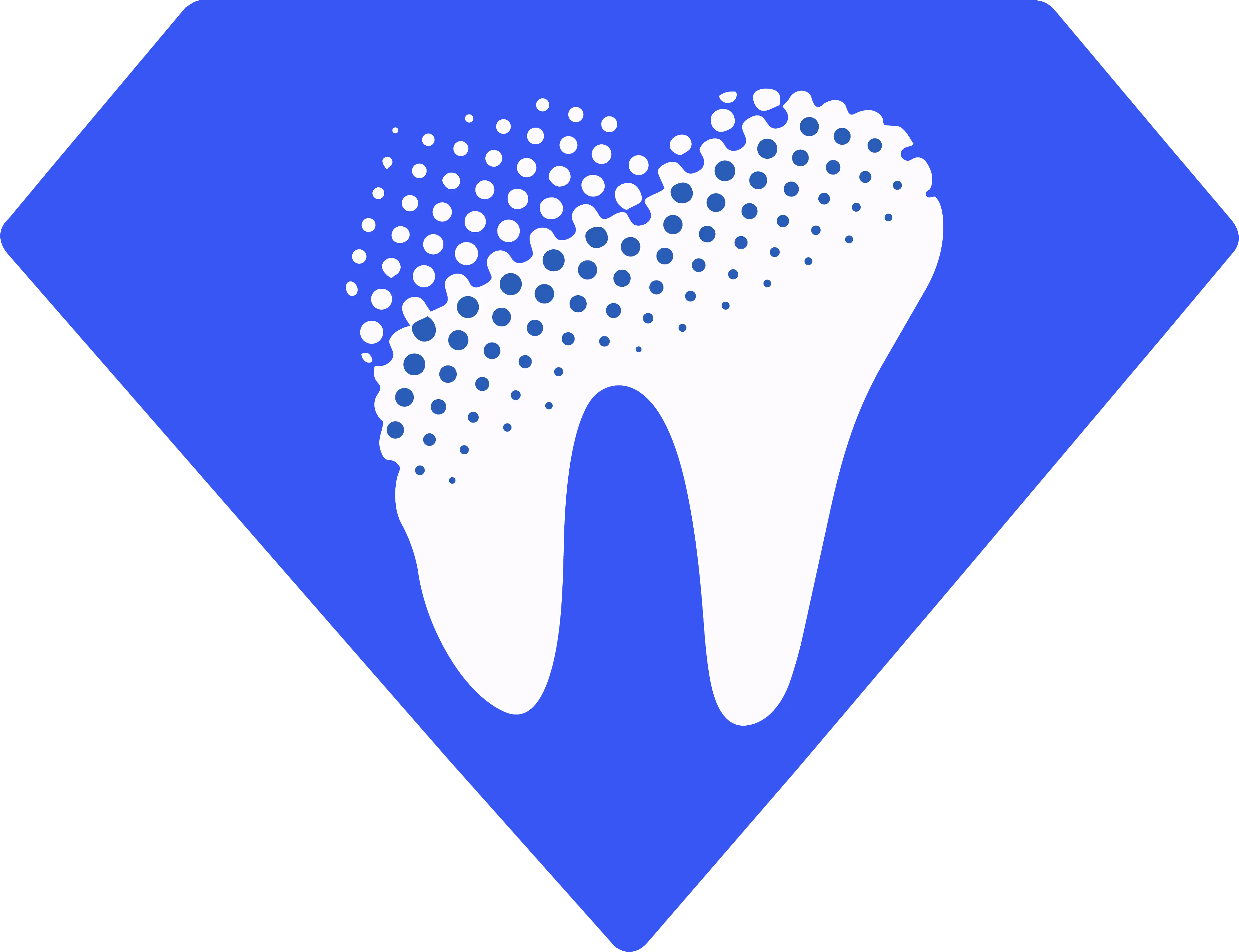 Zahn-Symbol mit verblassenden Punkten auf blauem, diamantförmigem Hintergrund.