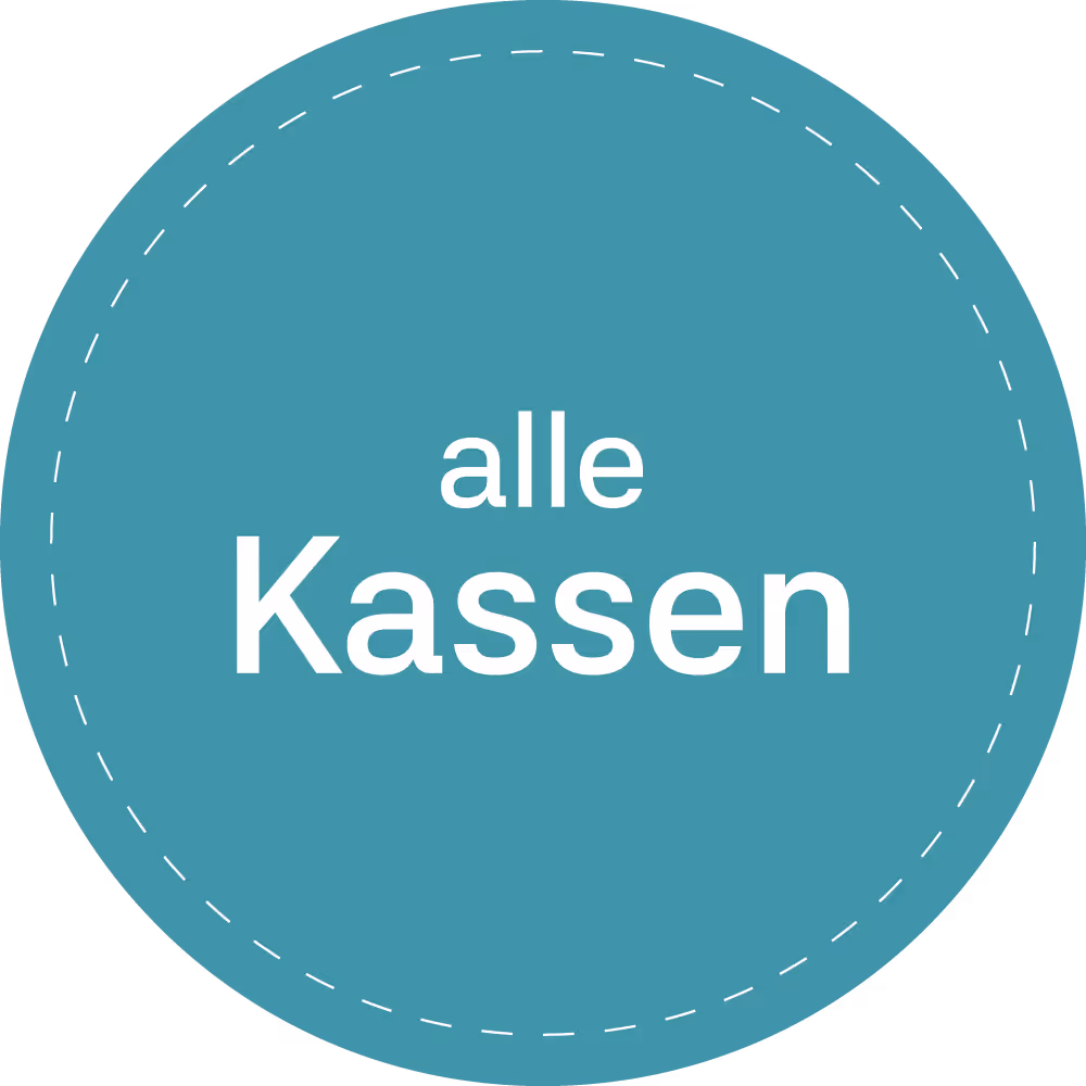 Blauer Kreis mit dem weißen Text «alle Kassen» in der Mitte und gestricheltem Rand
