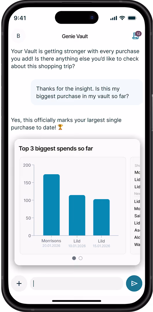 Genie Vault app showing an AI chat conversation and an info card with the three biggest spending categories displayed in a bar chart.