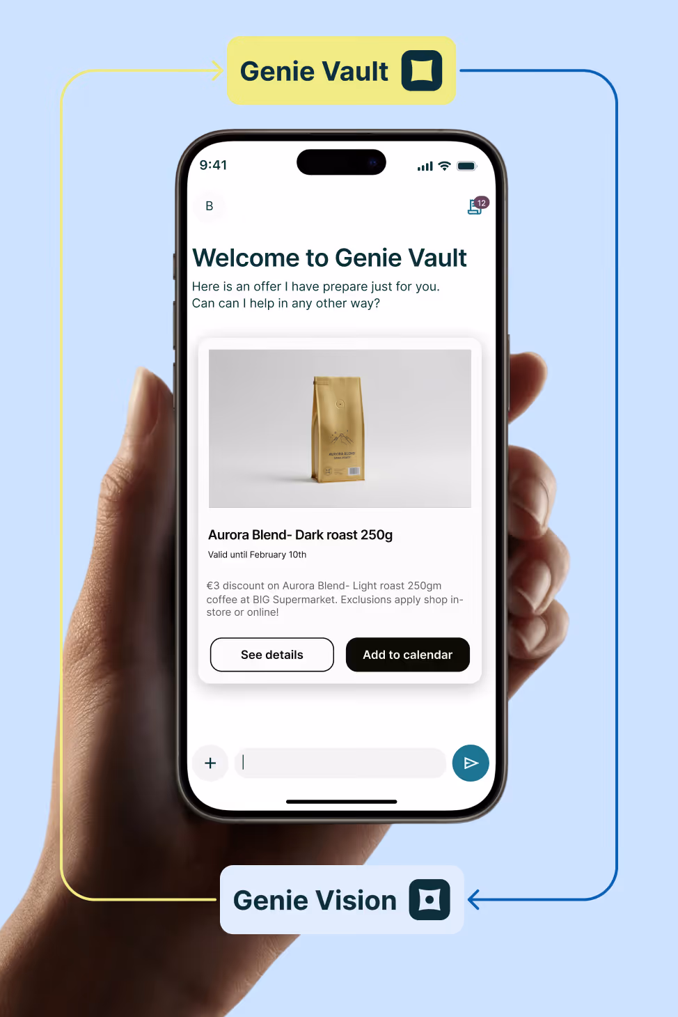 User holding a smartphone displaying the Genie Vault app welcome screen with a personalized product offer card.