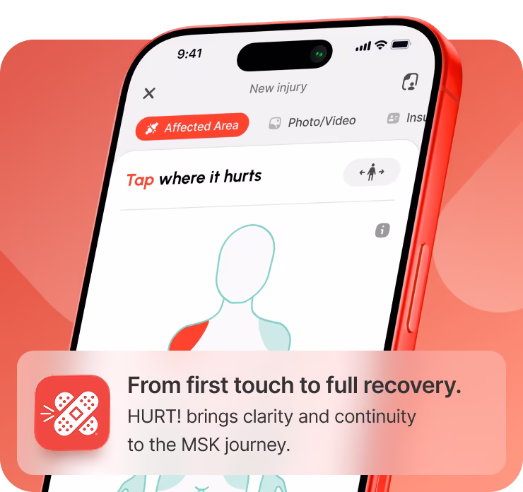 Smartphone screen showing an app interface for reporting new injury by tapping affected body areas, with a banner promoting the app's clarity and continuity in musculoskeletal recovery.