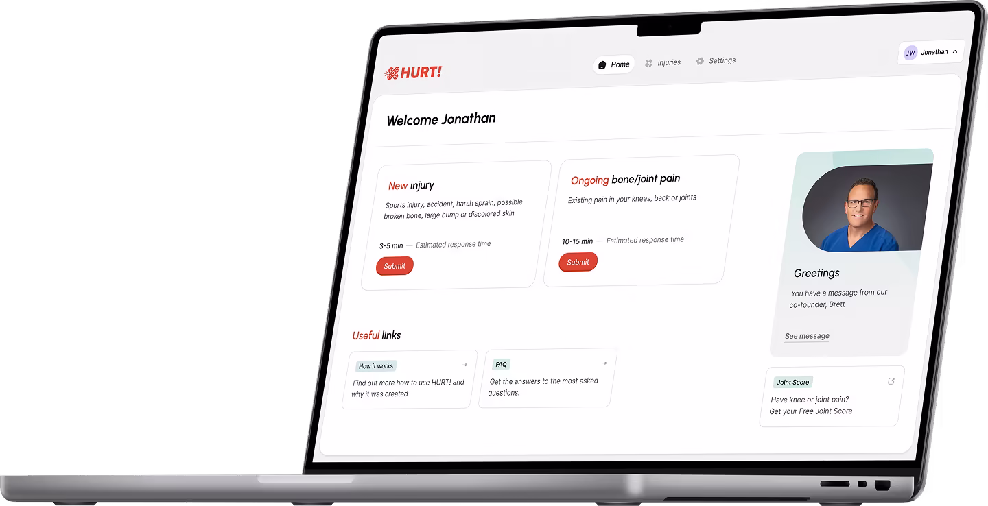 Laptop screen showing a health app dashboard welcoming user Jonathan with options to submit new injury or ongoing bone/joint pain, useful links, and a greeting message from co-founder Brett.