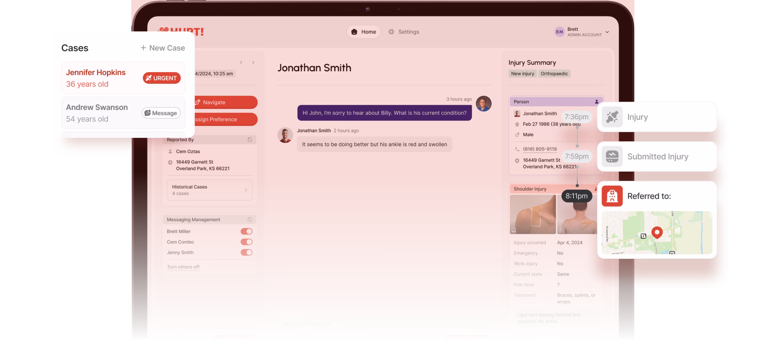 Medical case management dashboard showing patient Jonathan Smith's injury details, chat conversation, and case list with urgency and messaging options.