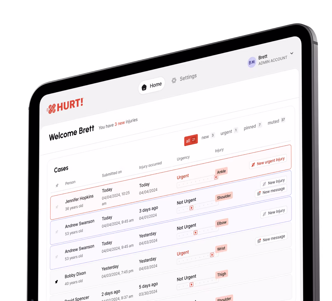 Tablet screen displaying injury case management dashboard with person names, injury details, urgency status, and options for new injury or message.