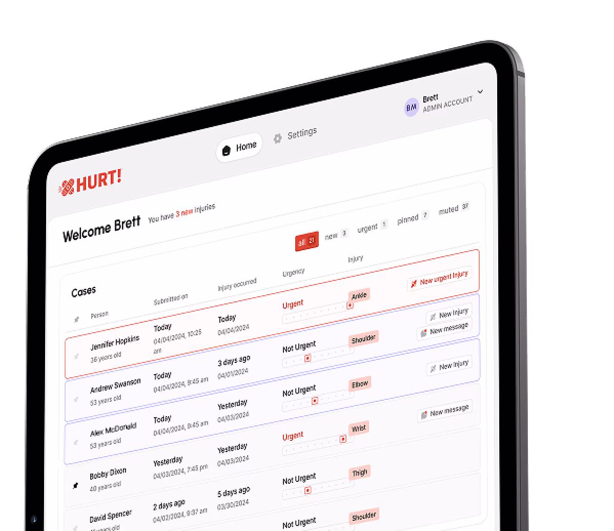 Tablet screen displaying injury case management dashboard with person names, injury details, urgency status, and options for new injury or message.