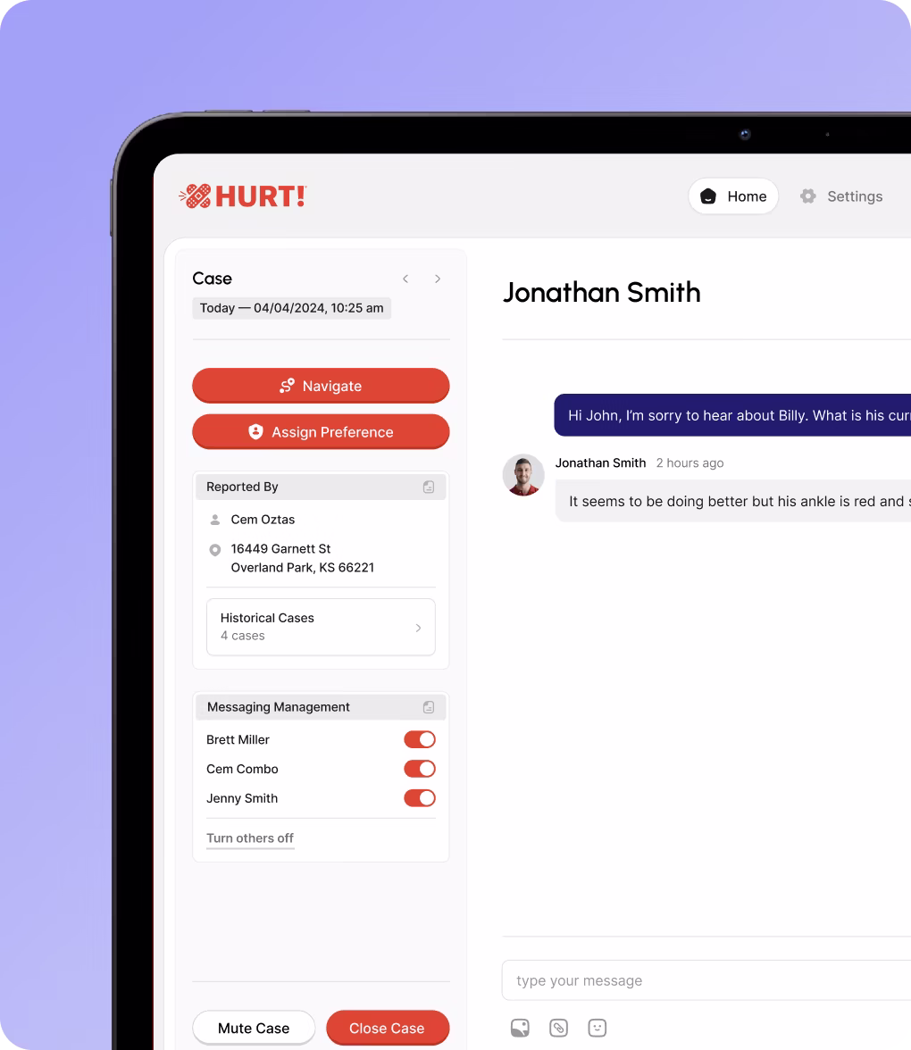 Partial view of a tablet displaying a case management app named HURT! with a conversation between Jonathan Smith and another user about a patient's condition.