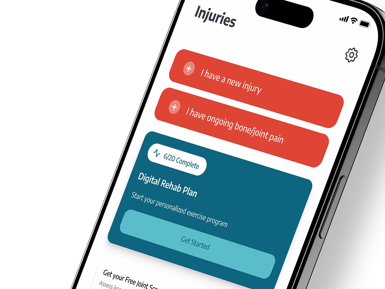 Mobile screen showing an injury management app with options to report a new injury, ongoing bone or joint pain, and a digital rehab plan progression with a Get Started button.