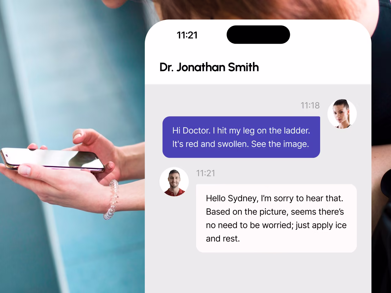 Smartphone screen showing a chat conversation between a patient and Dr. Jonathan Smith about a swollen red leg injury.