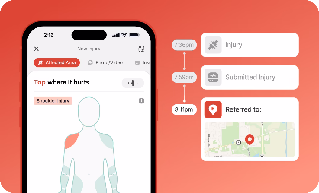 Mobile app screen showing a digital human figure with a highlighted shoulder indicating injury, accompanied by a timeline of injury reporting events and a map referral.