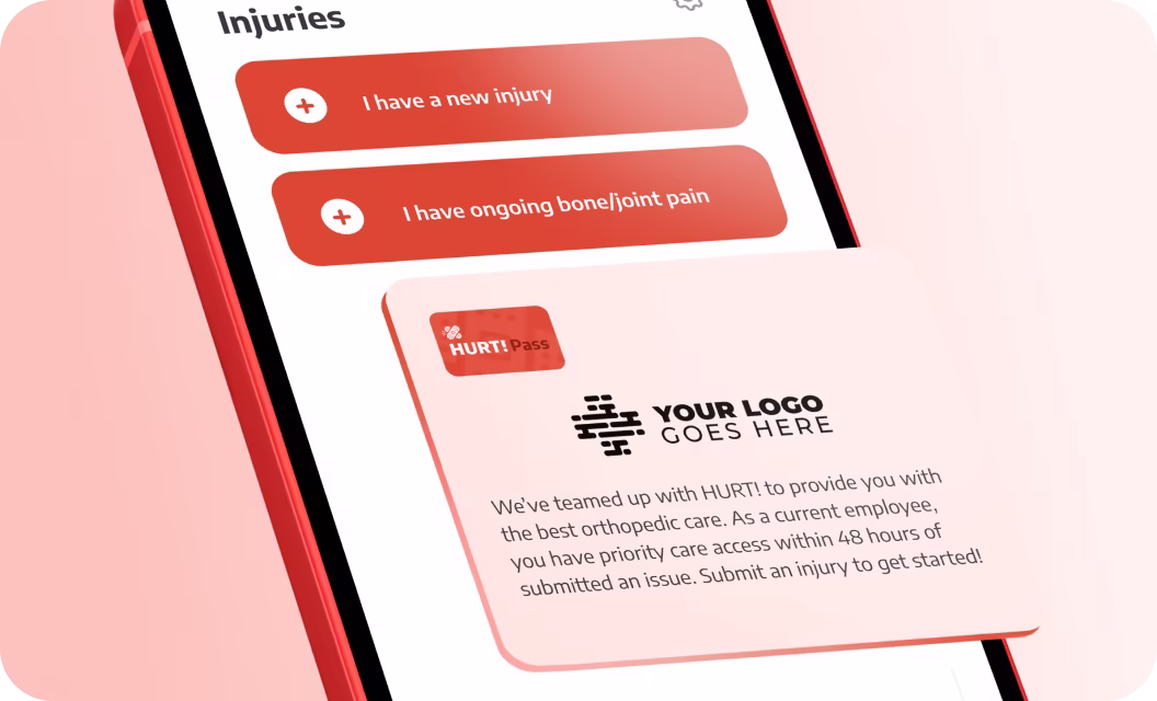 Mobile screen showing an injury reporting app with options for new injury and ongoing bone/joint pain, and a message about priority orthopedic care.